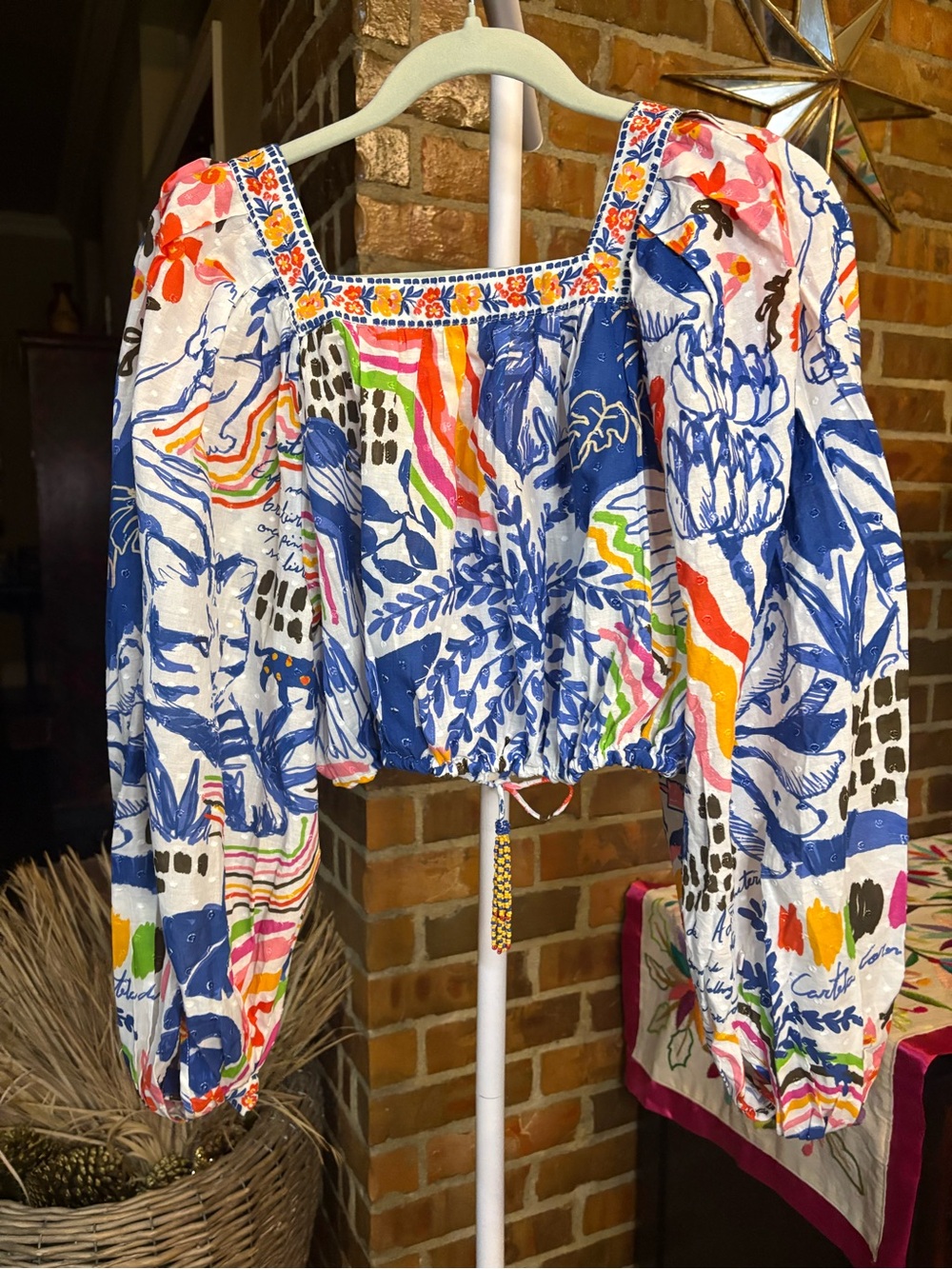 FARM RIO Square-Neck Cropped Peasant Blouse in Blue & Multicolor NWT - Picture 6 of 7